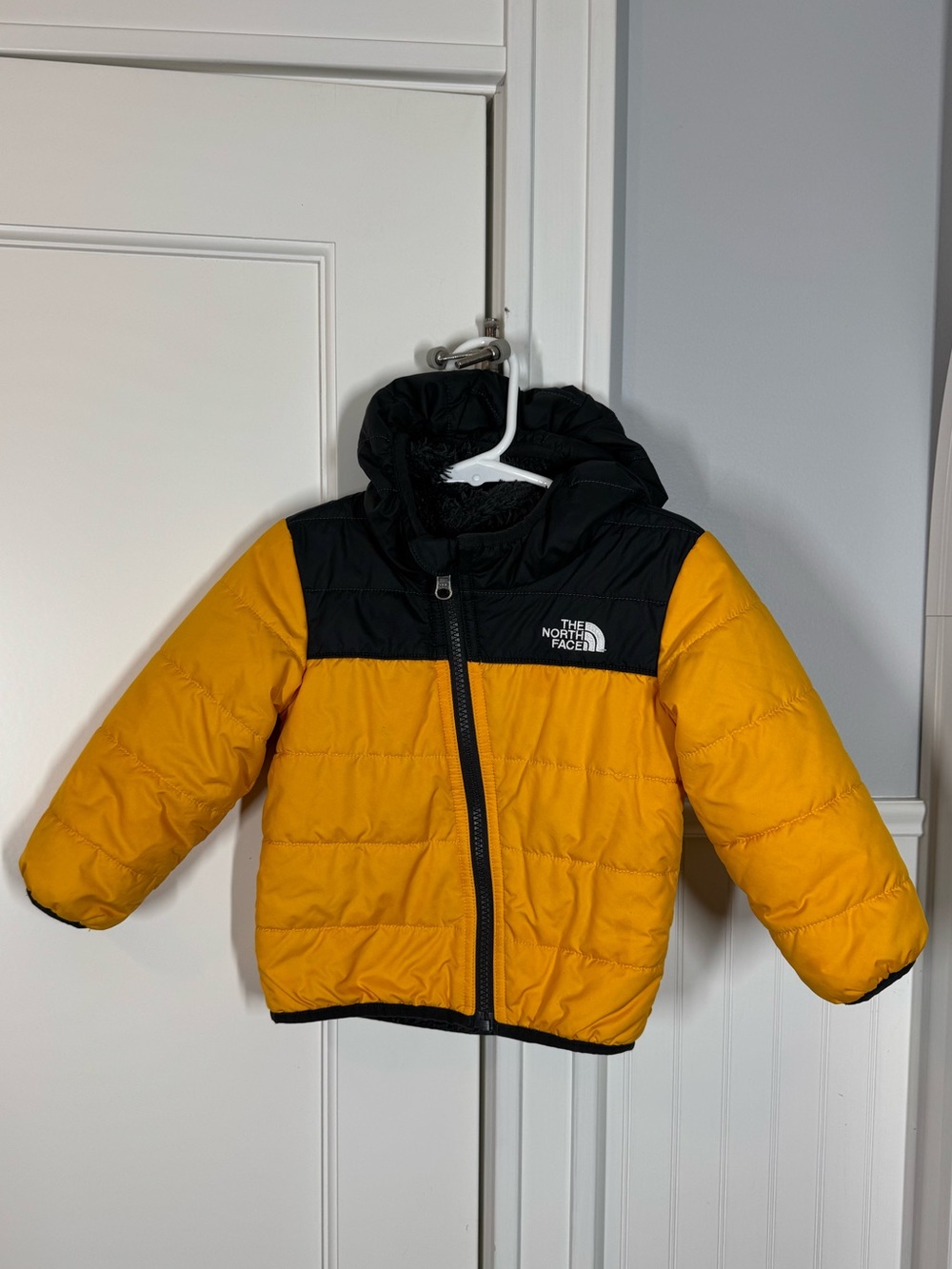 The North Face Yellow and gray reversible puffer Hooded Jacket 12-18 months